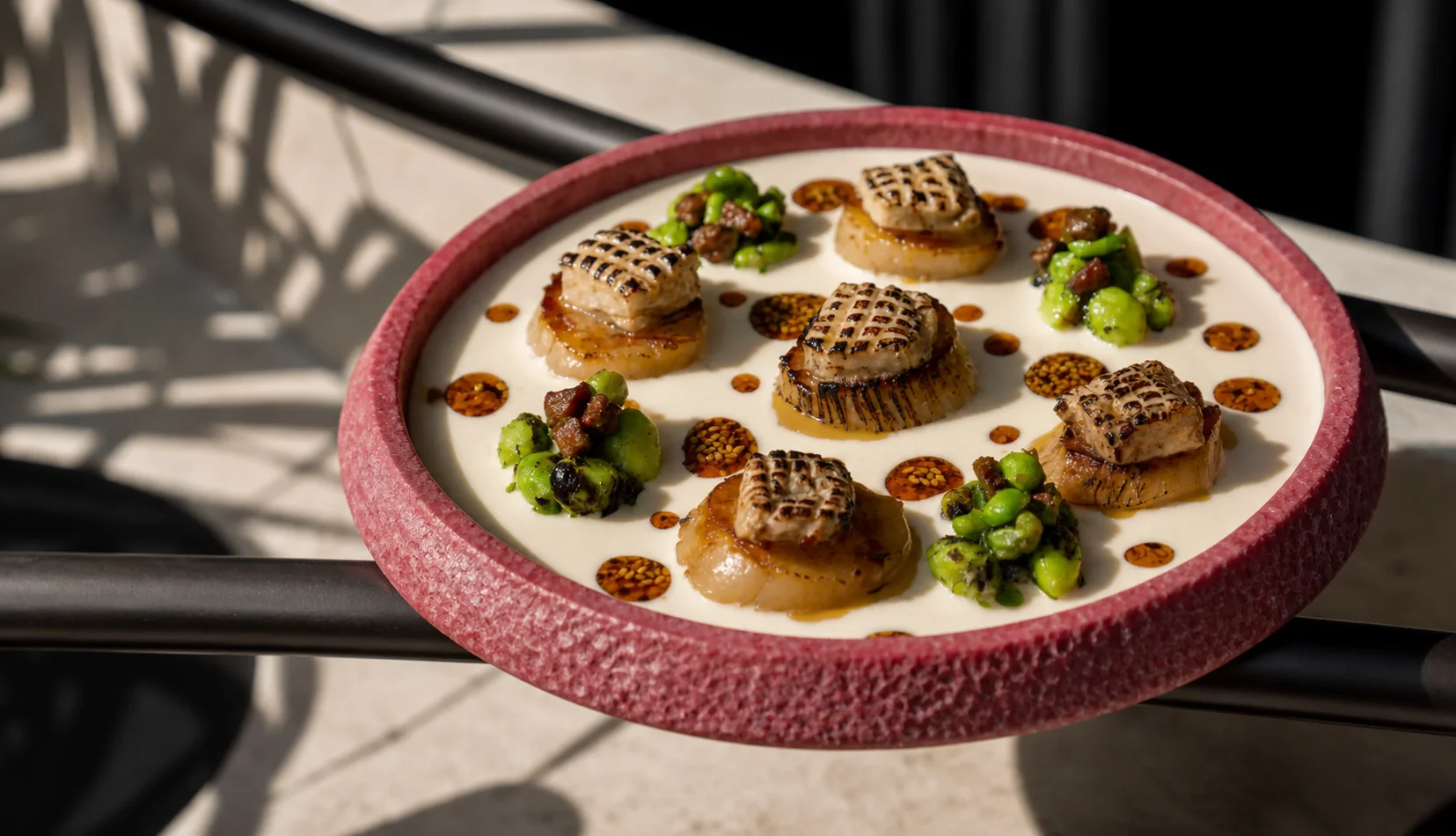 Seared scallops in cream sauce with edamame, hazelnut crumb and citrus oil dots on rose-glazed plate