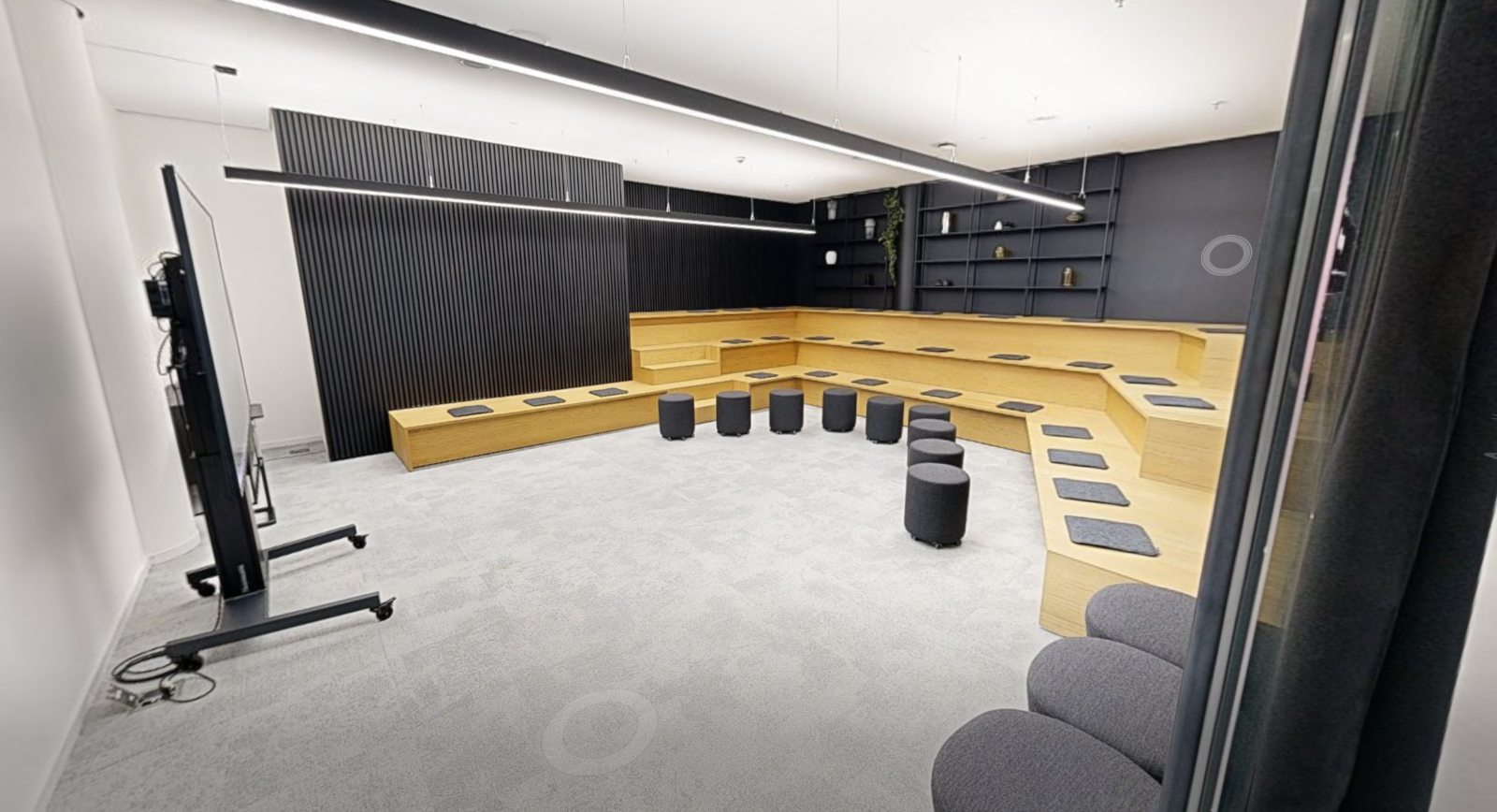 Arena, theatre / amphitheatre configuration on Floor 5, raked seating for 30.