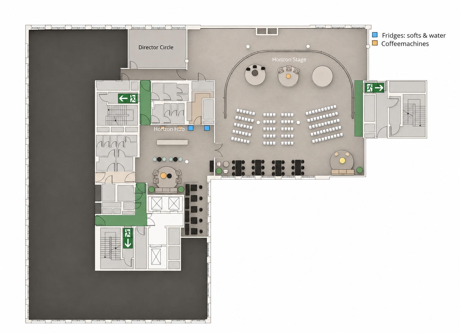 Horizon Stage, Level 4 general arrangement — Horizon Stage with theatre seating, Horizon Hub, Director Circle; fridges and coffee machines marked