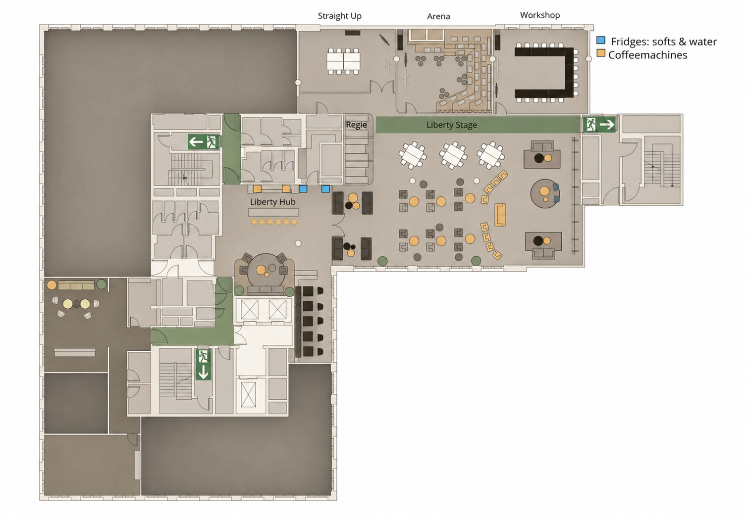 Liberty Stage, Level 5 general arrangement — Liberty Stage and Hub with Straight Up, Arena and Workshop rooms; Regie, fridges and coffee machines marked