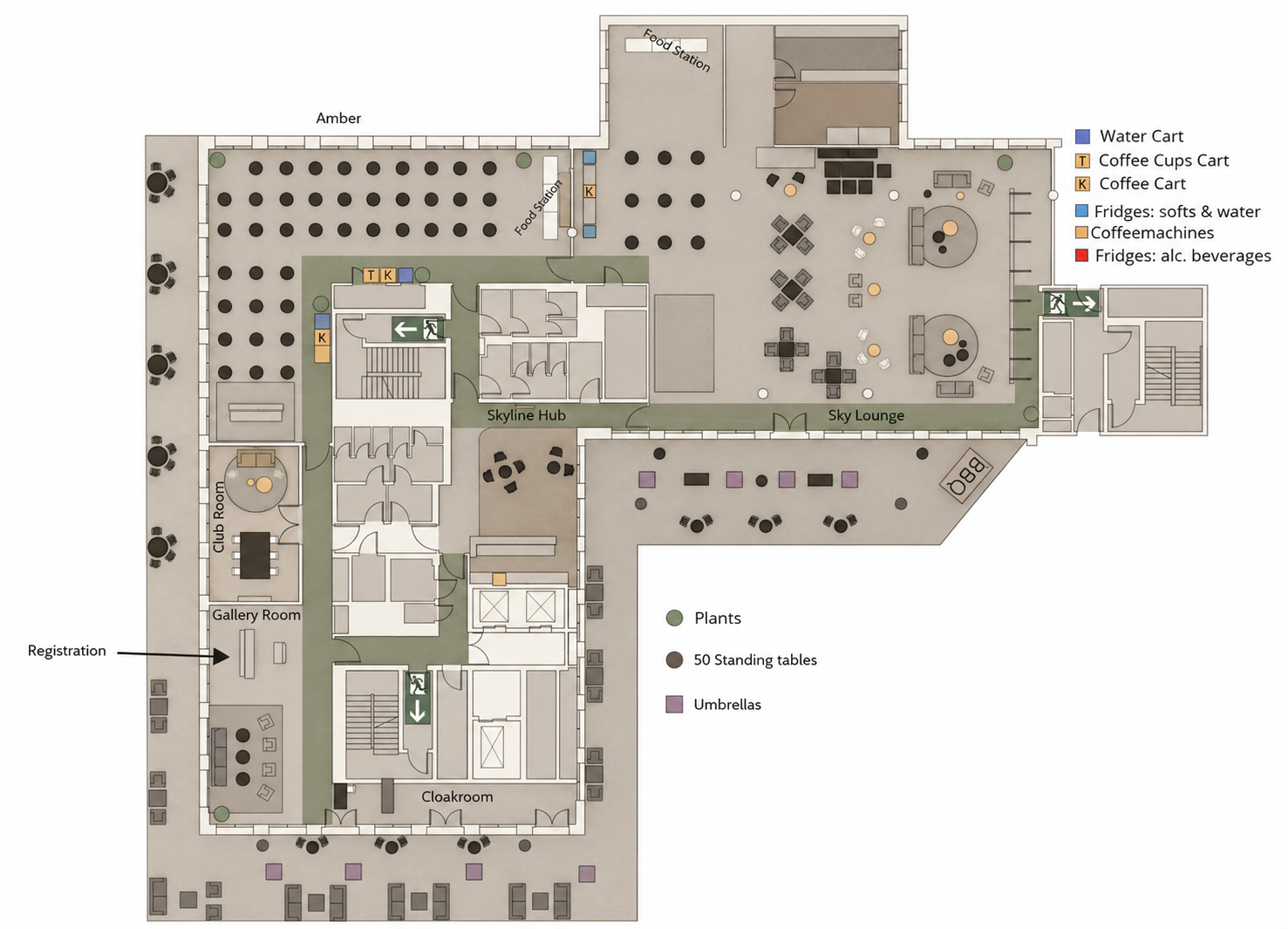 Sky Lounge, Level 6 general arrangement — Amber, Skyline Hub, Sky Lounge, Club Room, Gallery Room and the wrapping terrace; catering points marked